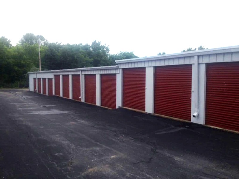 Red mini-storage commercial garage doors