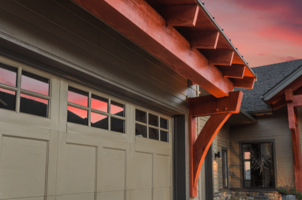photos of a garage door during a sunset with the reflection in the garage door windows