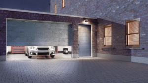 custom garage door on a modern brick home